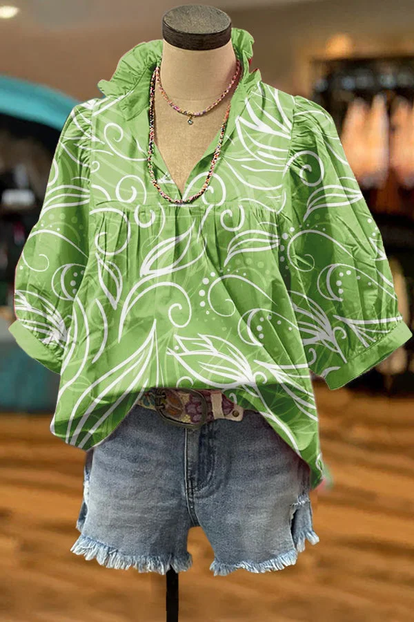 Fresh Leaf Print Puff Sleeve Blouse