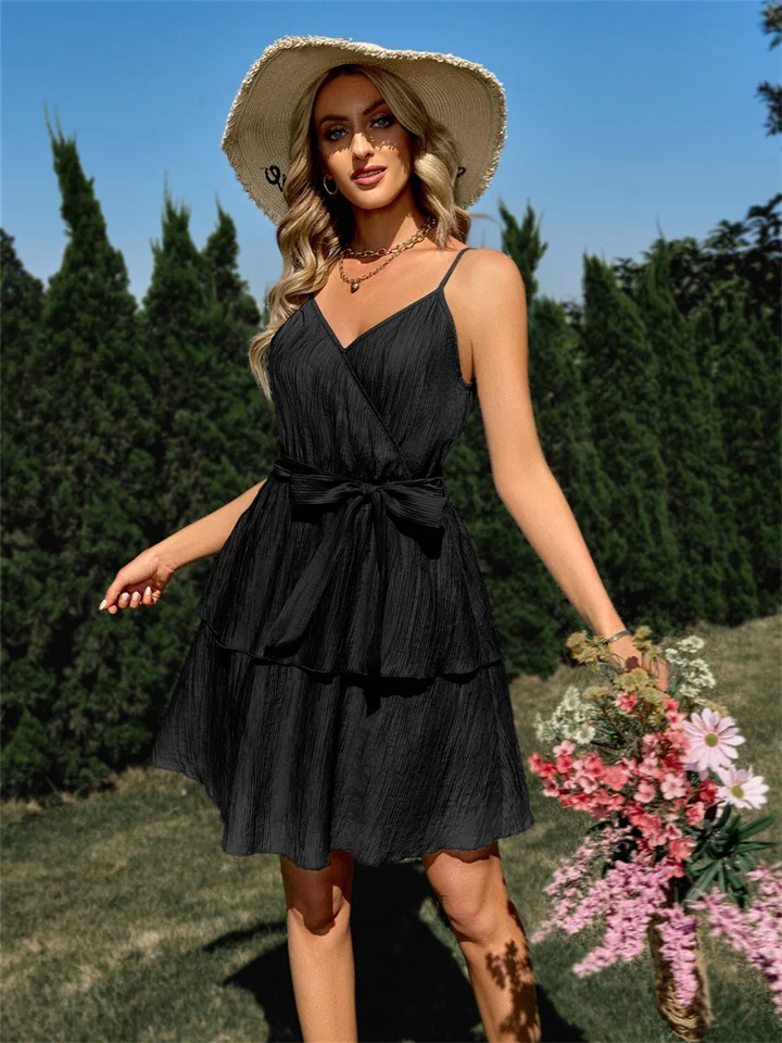 Fashion Spring and Summer Women's Casual Solid Color V-neck Tie Waist Halter Dress