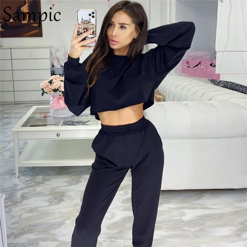 Sampic Autumn 2020 Women Sport Pants Set Casual Tracksuit Long Sleeve Sweatshirt Tops And Loose Pants Two Piece Set Outfits