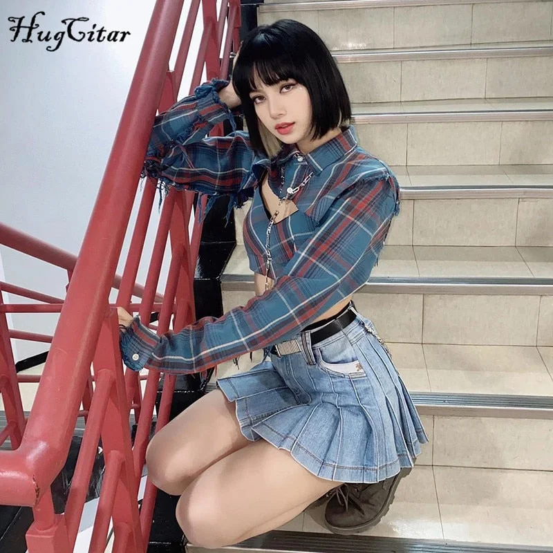 Hugcitar 2021 Long Sleeve Patchwork Fringe Print Tshirt Crop Top Autumn Winter Women Fashion Stretwear Outfits