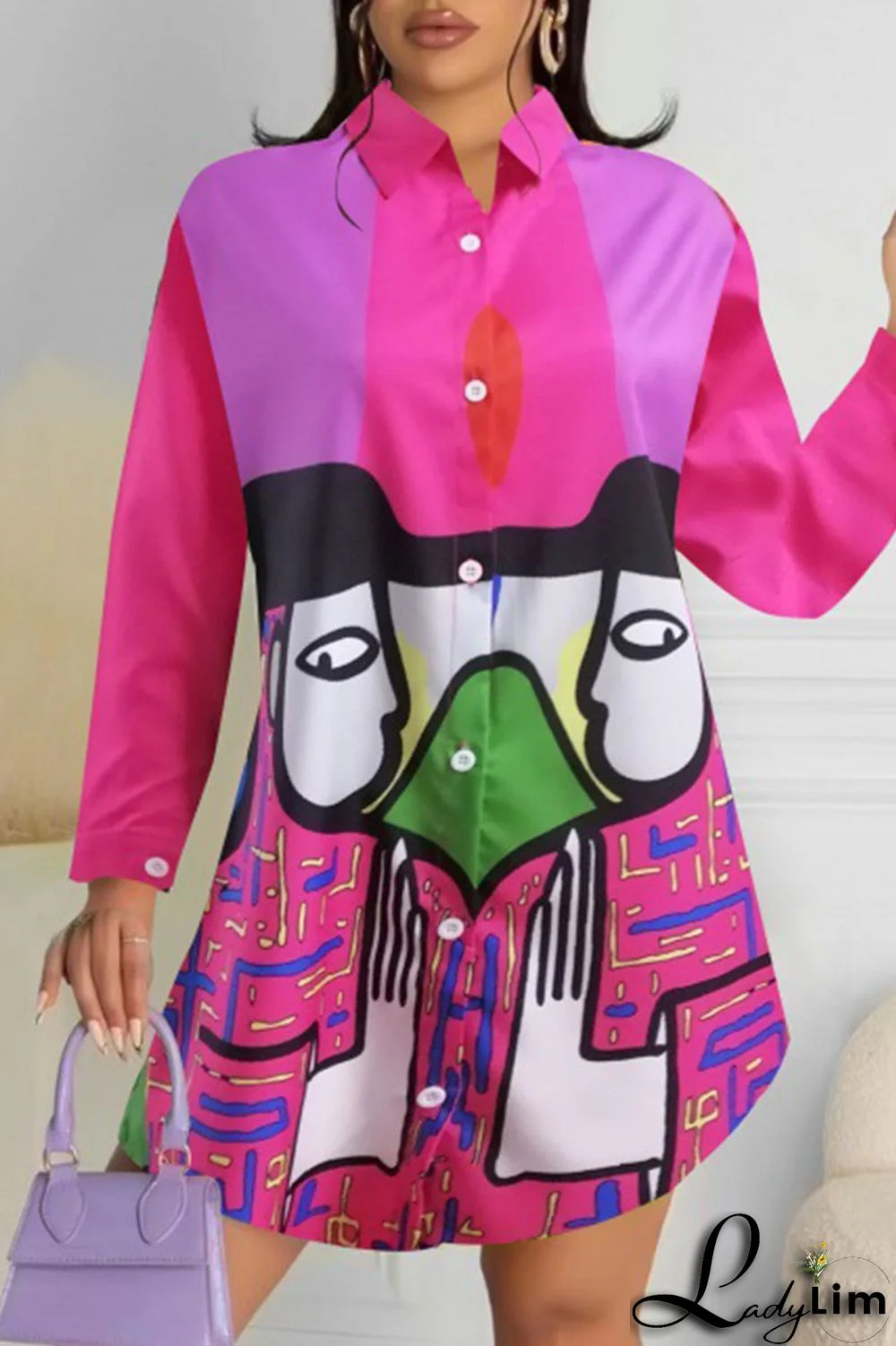 Purple Green Casual Street Print Patchwork Buckle Turndown Collar Tops