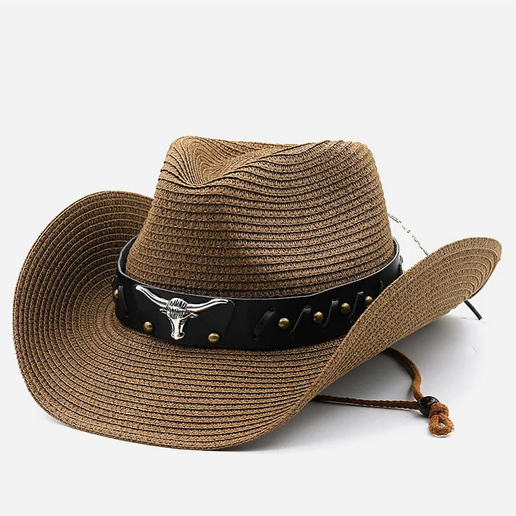 Western Foldable Bullhead Studded Belt Straw Hat