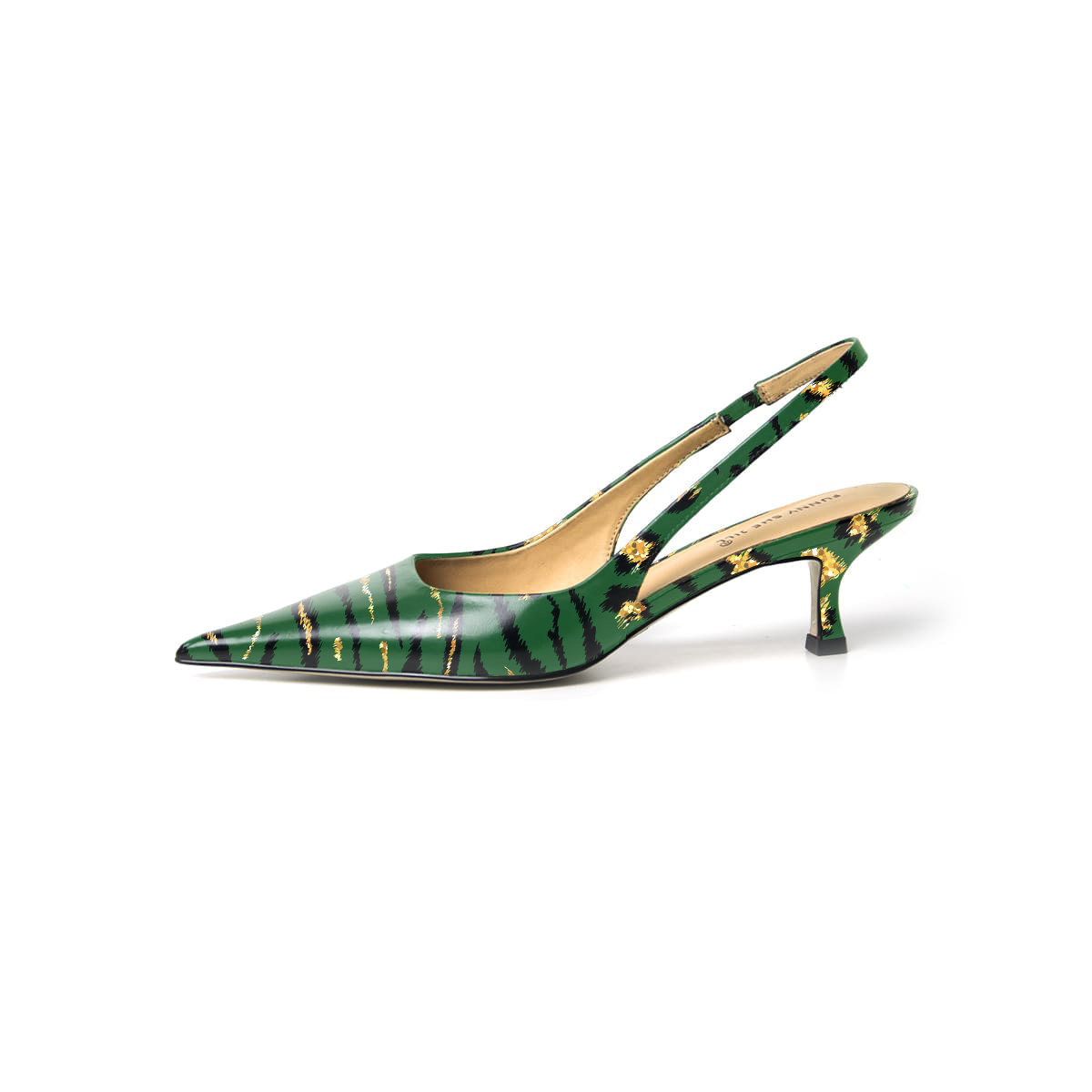 Green Leopard Print Patent Leather Pointed Toe Elegant Kitten Heel ...