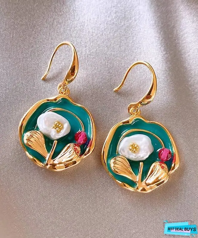 Vintage Gold Sterling Silver Overgild Floral Drop Earrings