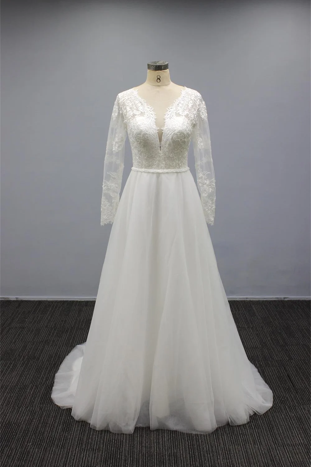 Daisda White A Line Long Sleeves Tulle Wedding Dress Chiffon V Neck With Appliques 