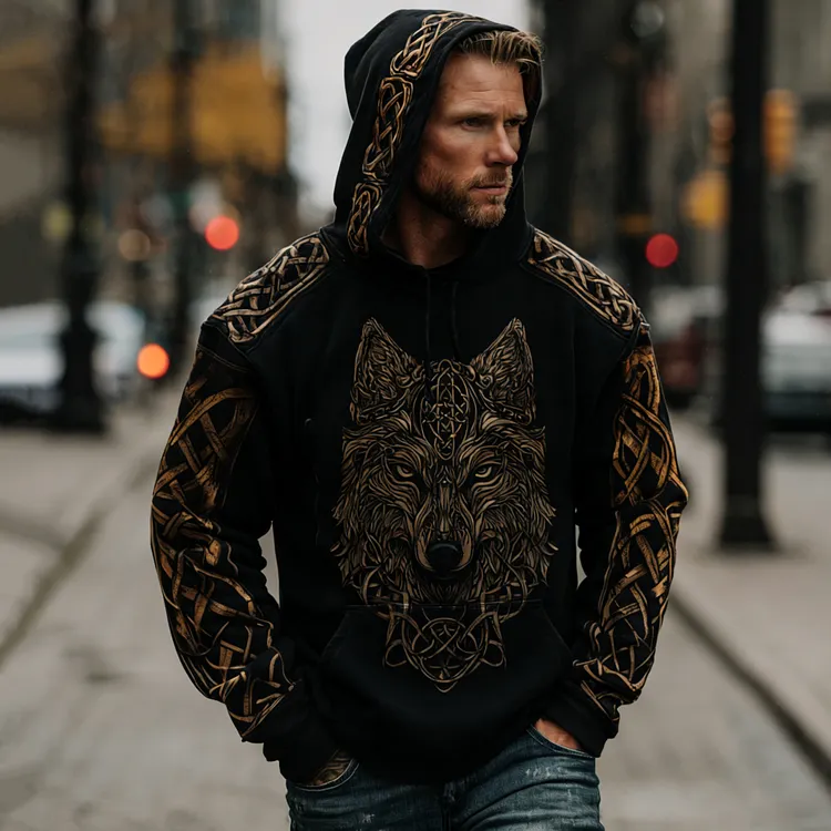 Men's Retro Viking Wolf Celtic Knot Graphic Hoodie