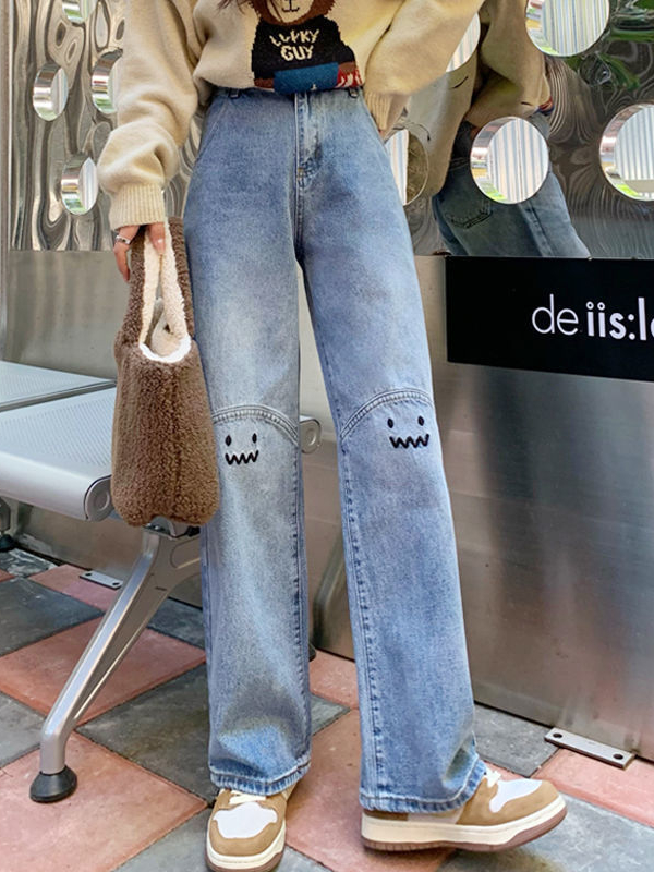 Chic Cute Little Monster Embroidered Casual High Rise Loose Straight Jeans