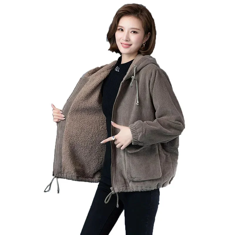 Tlbang Corduroy Women's Coat Autumn Winter Add Velvet Warm Jacket Korean Pocket Hooded Casual Outwear Loose Female Tops 5XL