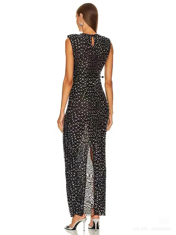 Brownm High-End Women's Hot Diamond Sexy Fork Perspective Sleeveless Dress Thin Ass Dress Dress