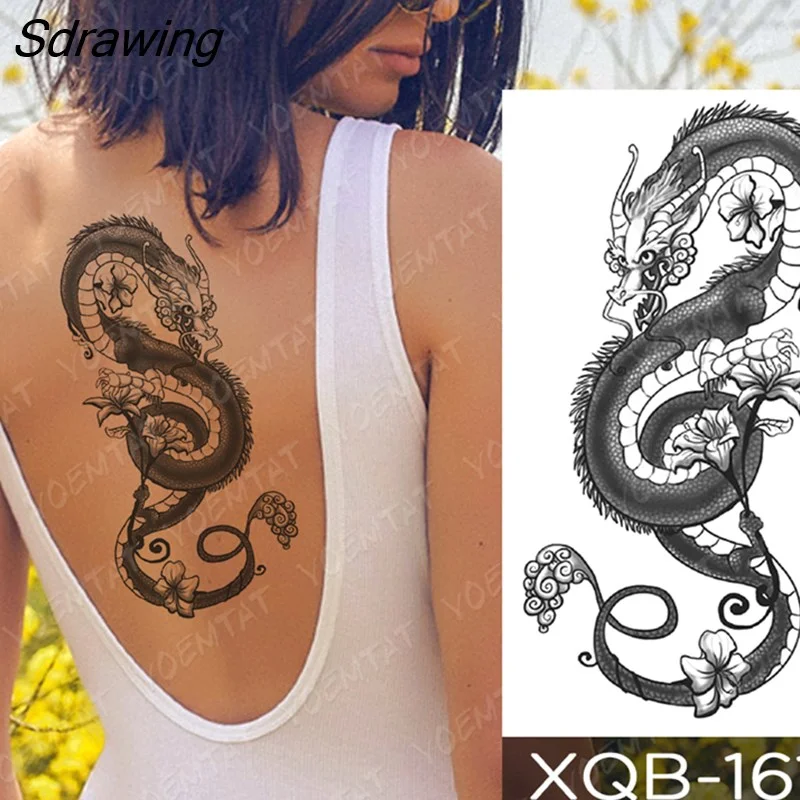 Sdrawing Temporary Tattoo Sticker Rose Snake Flower Tattoos Lace Tiger Dragon Body Art Arm Fake Sleeve Tatoo Women