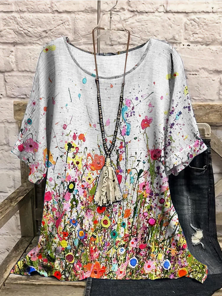 Women Half Sleeve Scoop Neck Colorblock Floral Printed White Women Tops