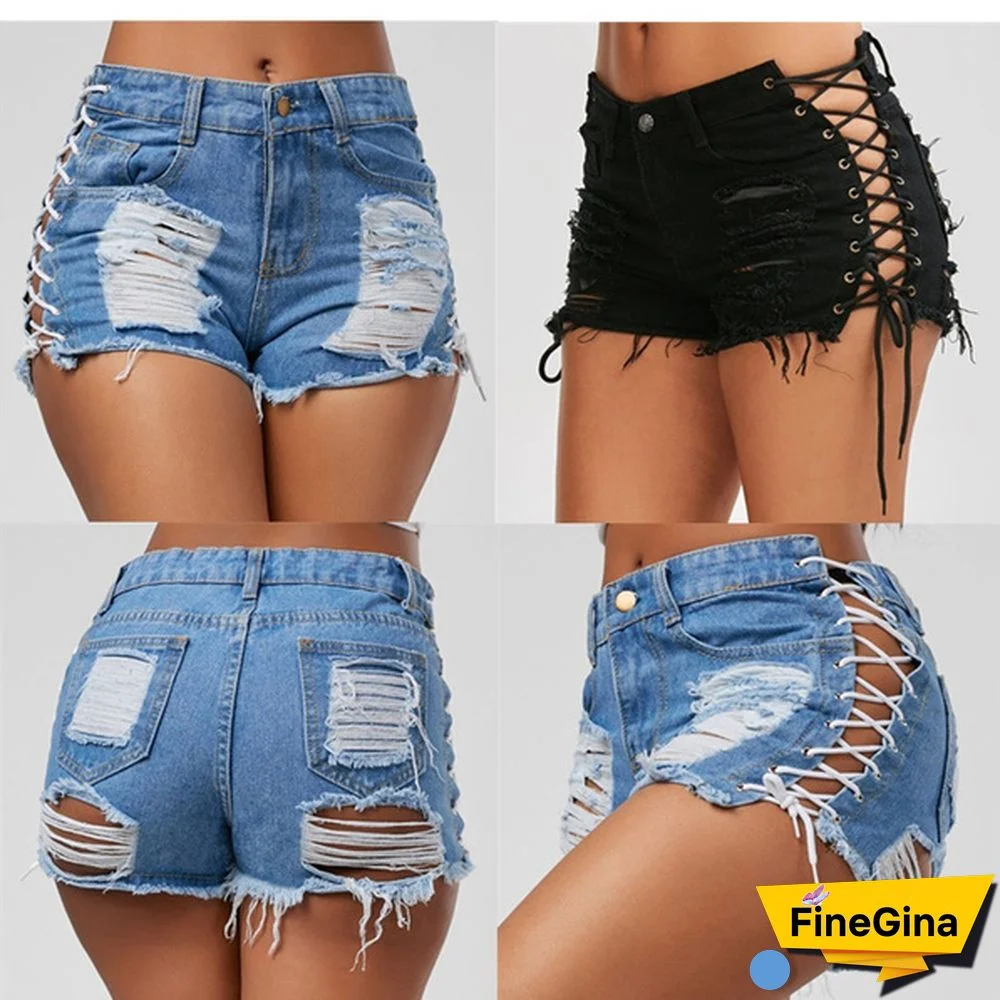 Sexy Summer Women Denim Shorts New Black Blue High Waist Ripped Short Jeans Tassel Lace Up Bandage Hotpants