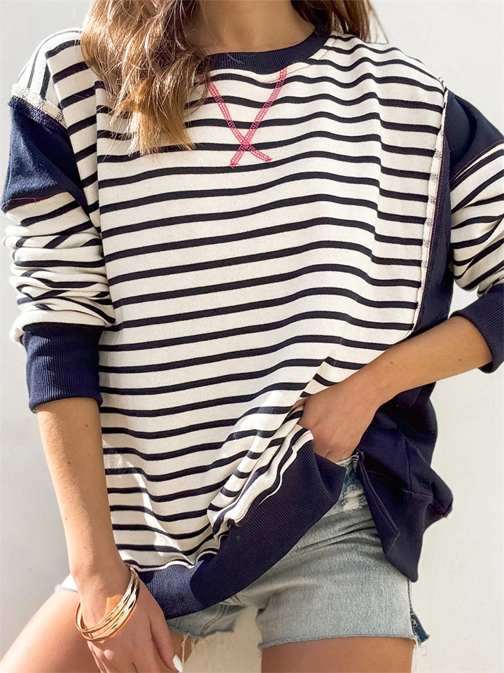 Women's New Round Neck Sweater Striped Colorful Long-sleeved Printed T-shirt