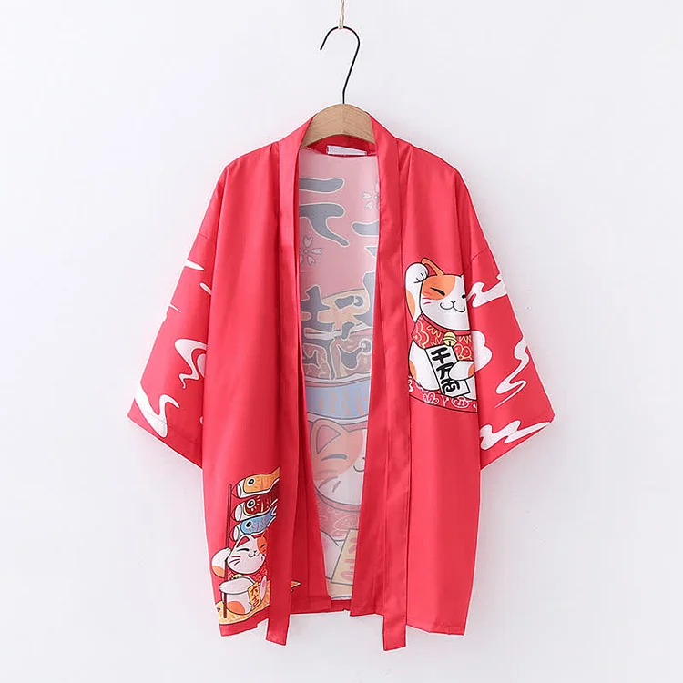 Vintage Lucky Cat Print Japanese Cardigan Kimono Outerwear  - Modakawa modakawa