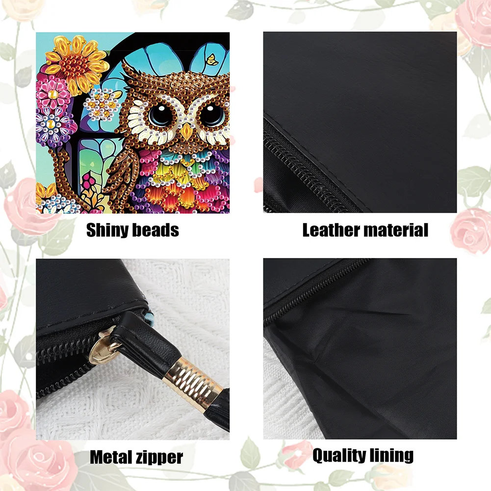 DIY Owl PU Partial Special Shaped Diamond Painting Wallet Makeup Bag