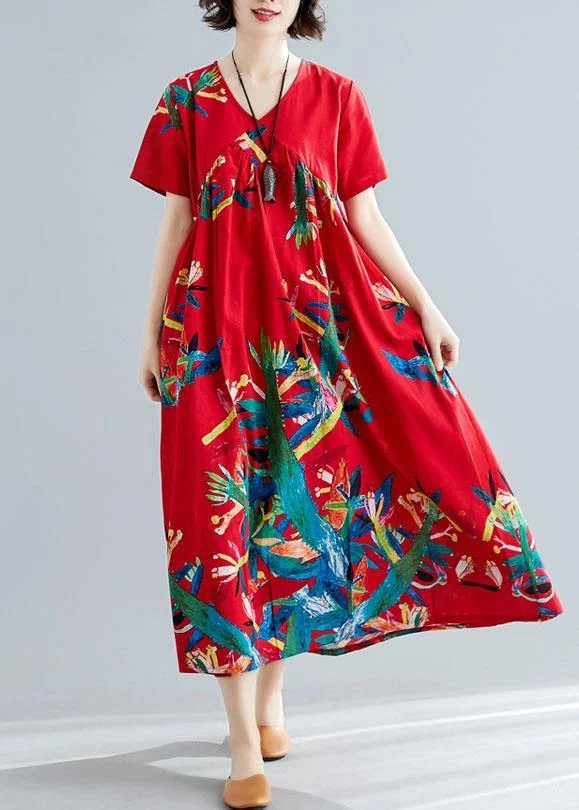 Modern v neck cotton tunic pattern Sewing red prints Kaftan Dresses summer