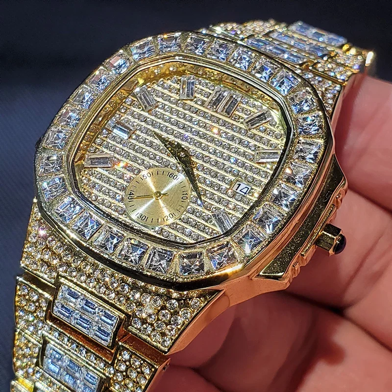 Full Iced Out Baguette Watch 18K Gold NanoVaccum Plated Quartz Watches for Men Women-VESSFUL