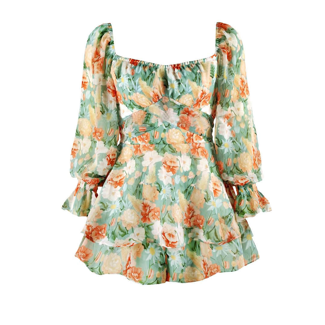 Floral Digital Printing Woman Square-neck Long Ruffled Jumpsuit Shorts Bottoms