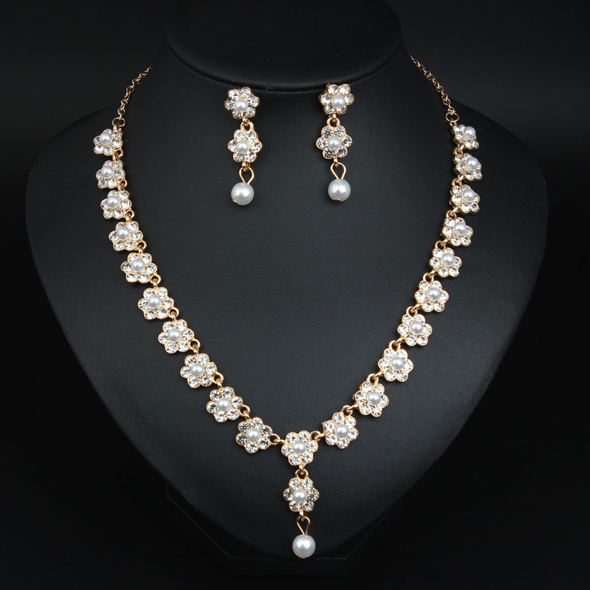 Elegant Rose Red Rhinestone Pearl Floral Necklace Earrings Two Piece Jewelry Set 2024 - Flycurvy 
