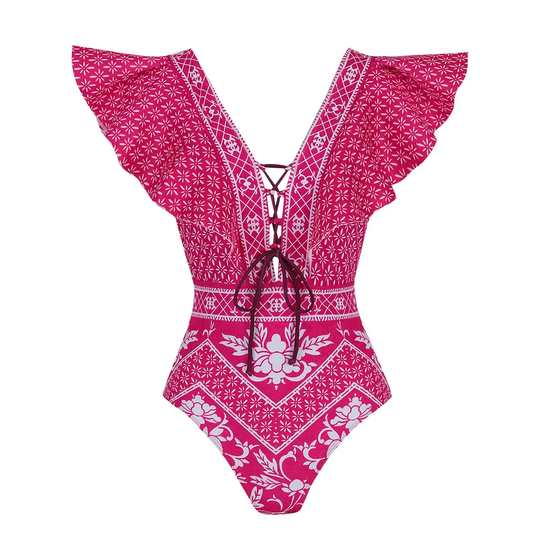 Churchf Shoulder Lotus Side Deep V Sexy Bare Back Swimsuit Woman 2025 New Swimsuit Swimsuit