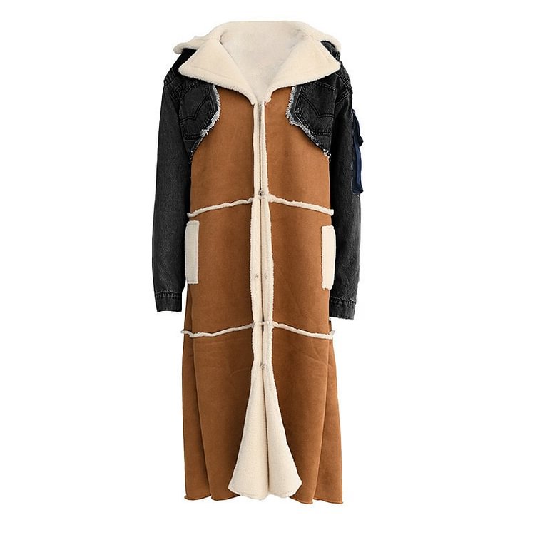 Warm Loose Lapel Suede Patchwork Denim Long Sleeve Woolen Zip-up Long Coat