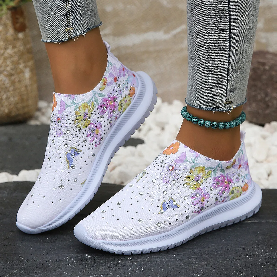 Yyvonne Women's Shoes Spring Breathable Sports Casual Shoes Water Drill Rainbow Shiny Flying Shoes Thick-Soled Running Shoes Women