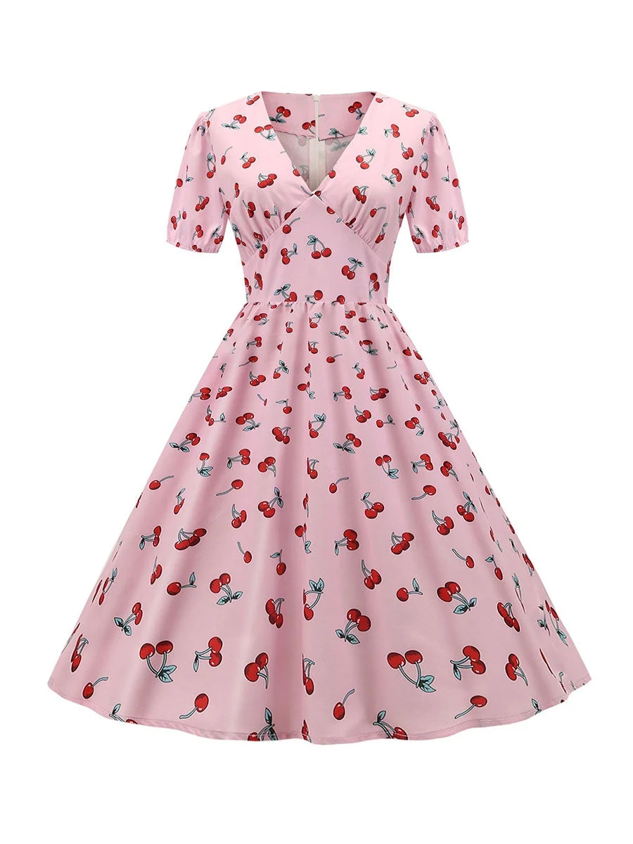 Puff Sleeve Pink Cherry Print Dress