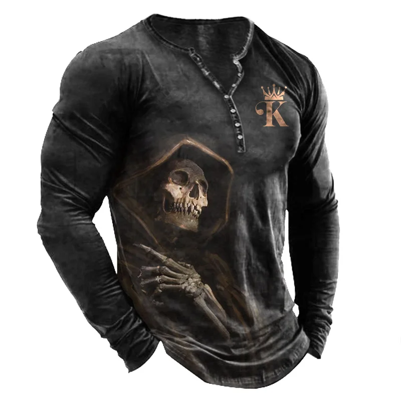 King Men's Crown Skull Reaper Print Long Sleeve Henry T-Shirt
