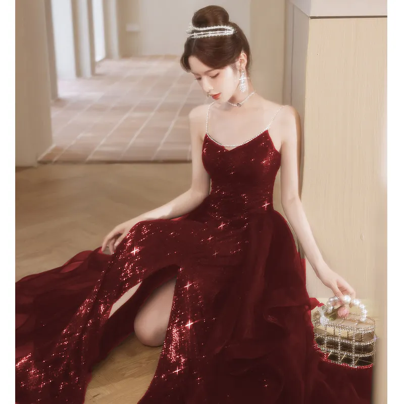 Brownm Hanging Toasting Bride High Feeling Light Luxury Small High-End Wedding Dinner Wine Red Engagement Evening Dress Dress Girl
