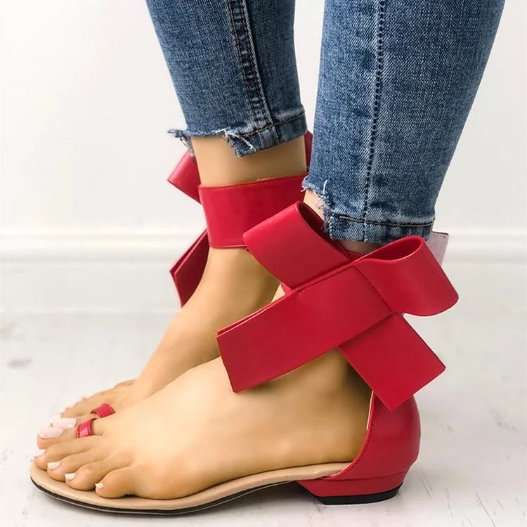 Red Side Bow Toe Loop Sandals Open Toe Flat Sandals |FSJ Shoes