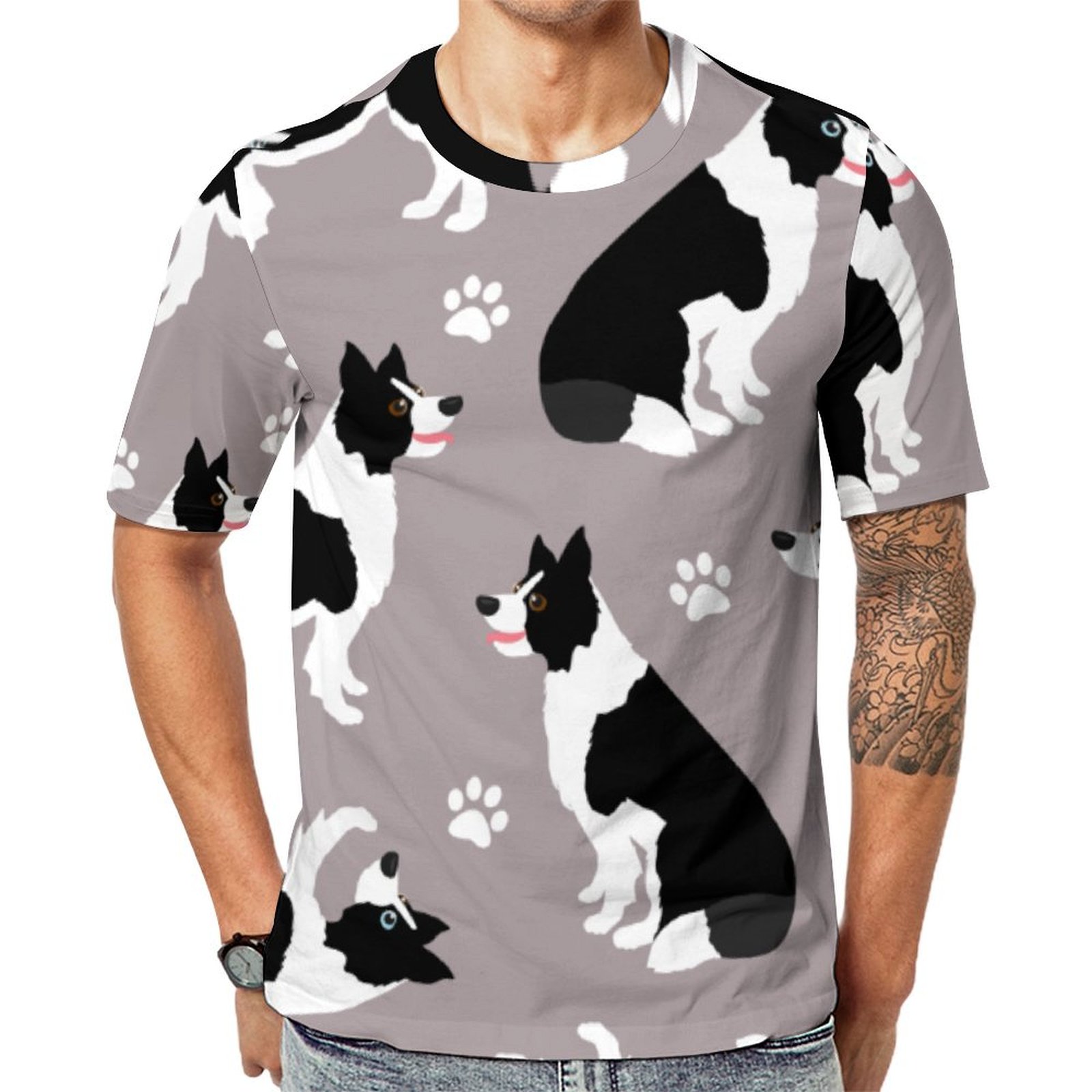 Border Collie And Paw Print Socks Short Sleeve Print Unisex Tshirt Summer Casual Tees for Men and Women Coolcoshirts