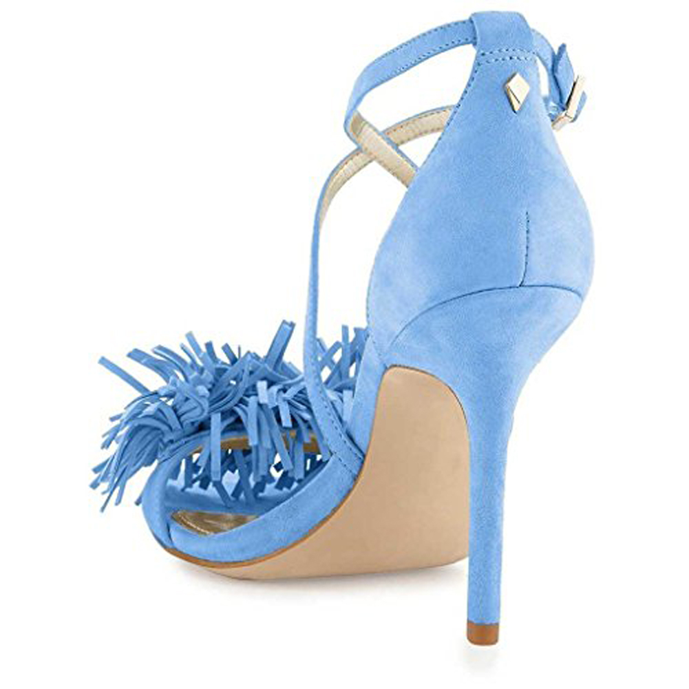 4.72"Ladies Open Toe Suede Leather Sandals Fringed Strappy Stiletto Heel Shoes Light Blue-vocosishoes