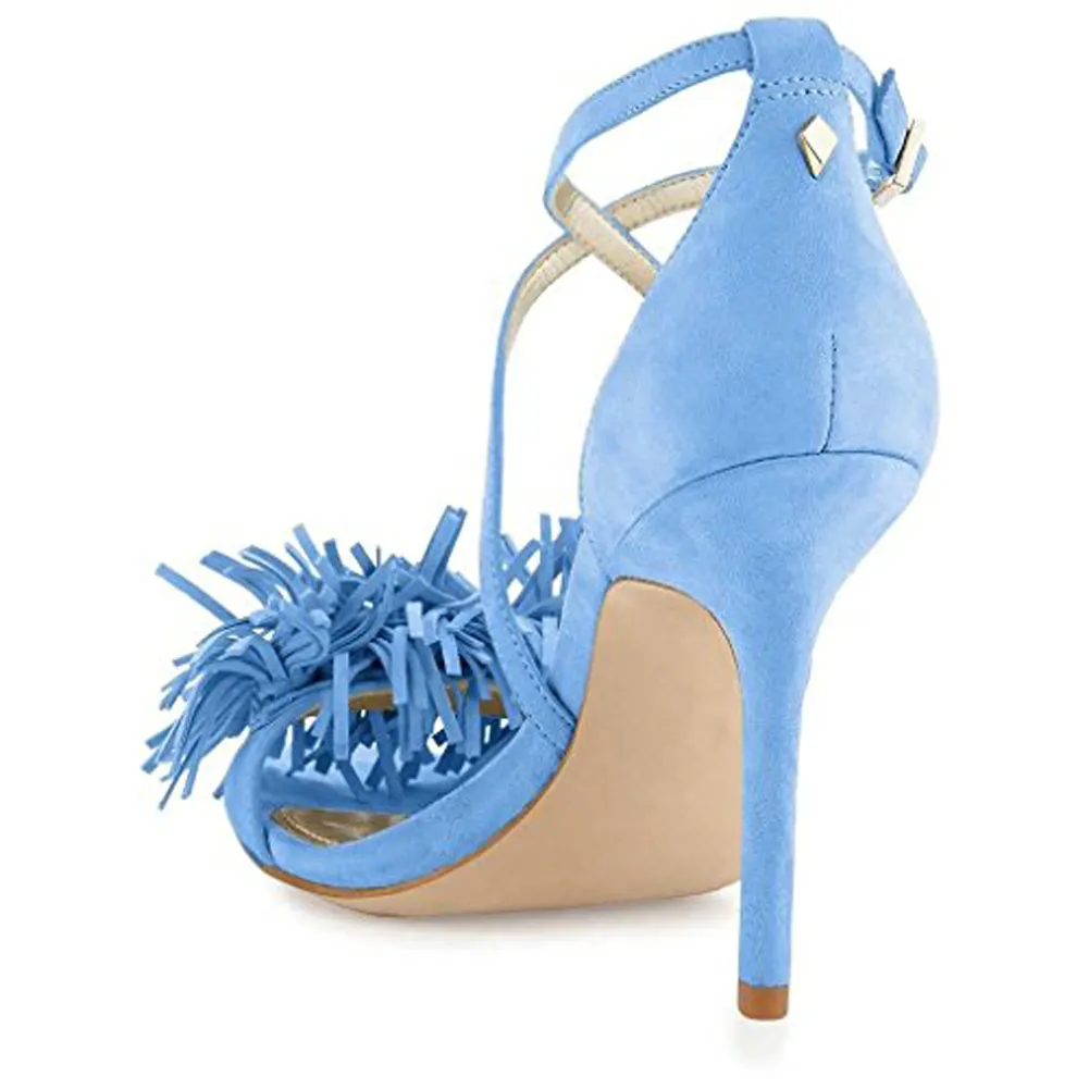 4.72"Ladies Open Toe Suede Leather Sandals Fringed Strappy Stiletto Heel Shoes Light Blue-vocosishoes
