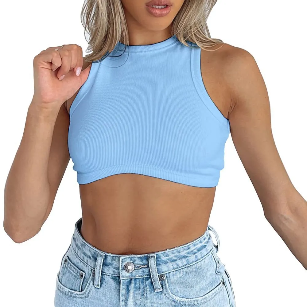 Uveng Uveng Women's New Women's Sexy Sleeveless Round Neck Rib Knit Vest Crop Top