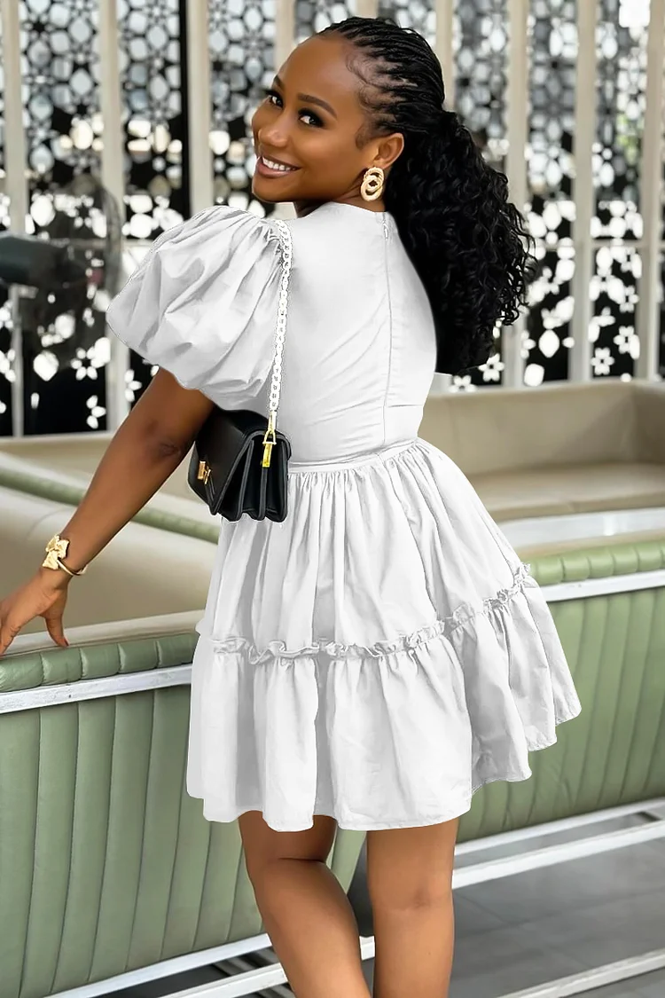 Frill Trim Puff Sleeve Deep V Neck Pleated Mini Dresses-Black [Pre Order]