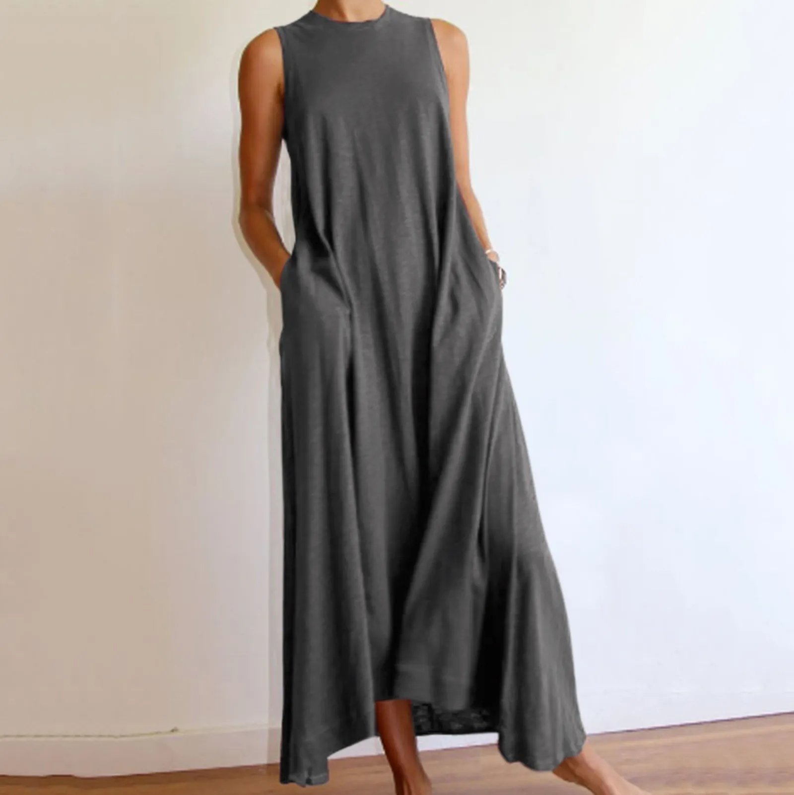 Cotton-Blend Solid Sleeveless Crew Neck Casualdress