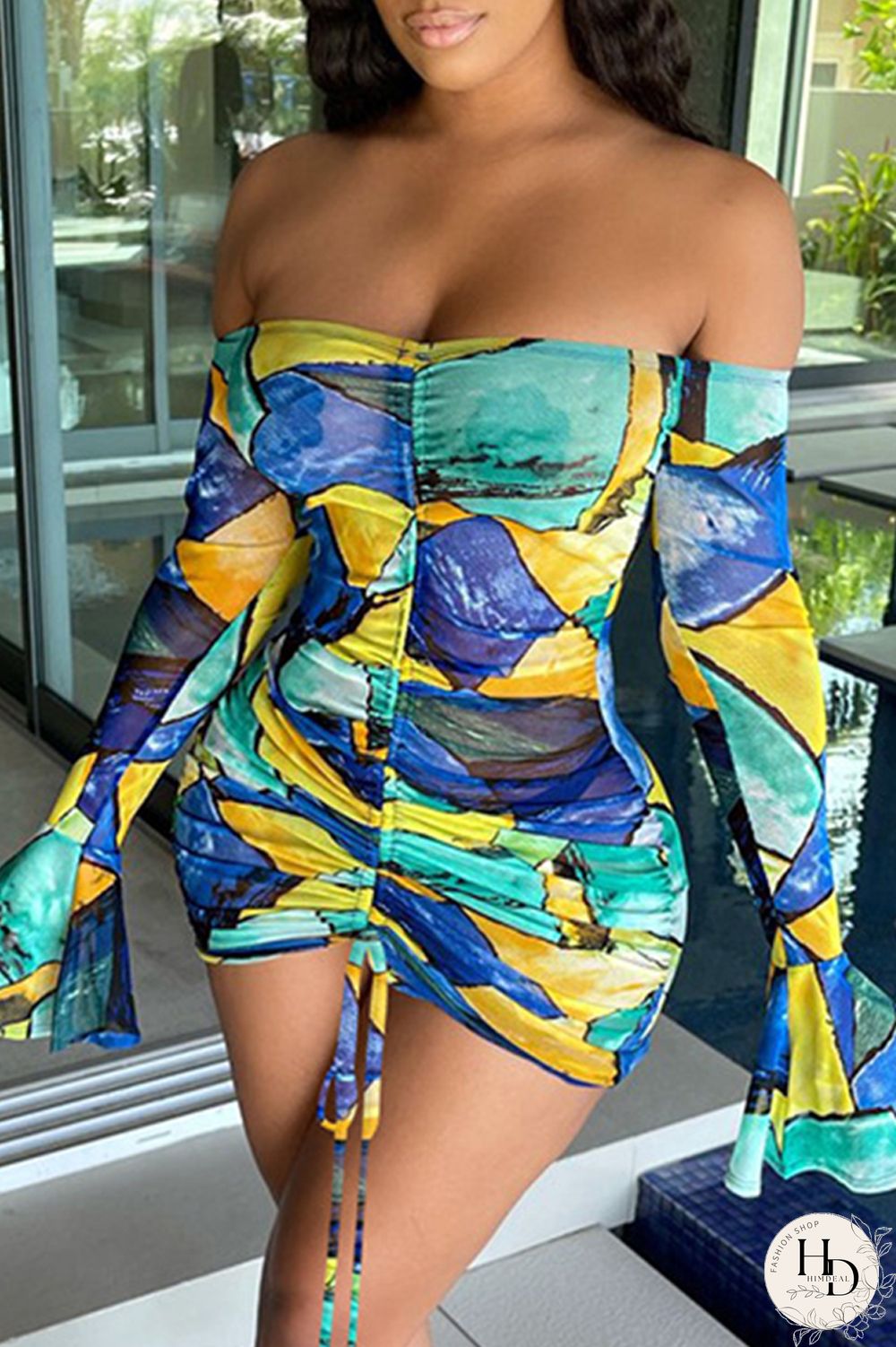 Rose Red Fashion Sexy Print Draw String Backless Bateau Neck Printed Dress