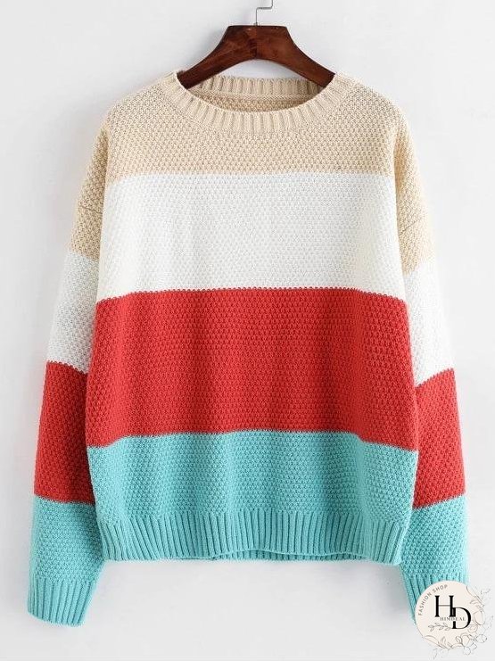 Color-blocking Drop Shoulder Textured Sweater