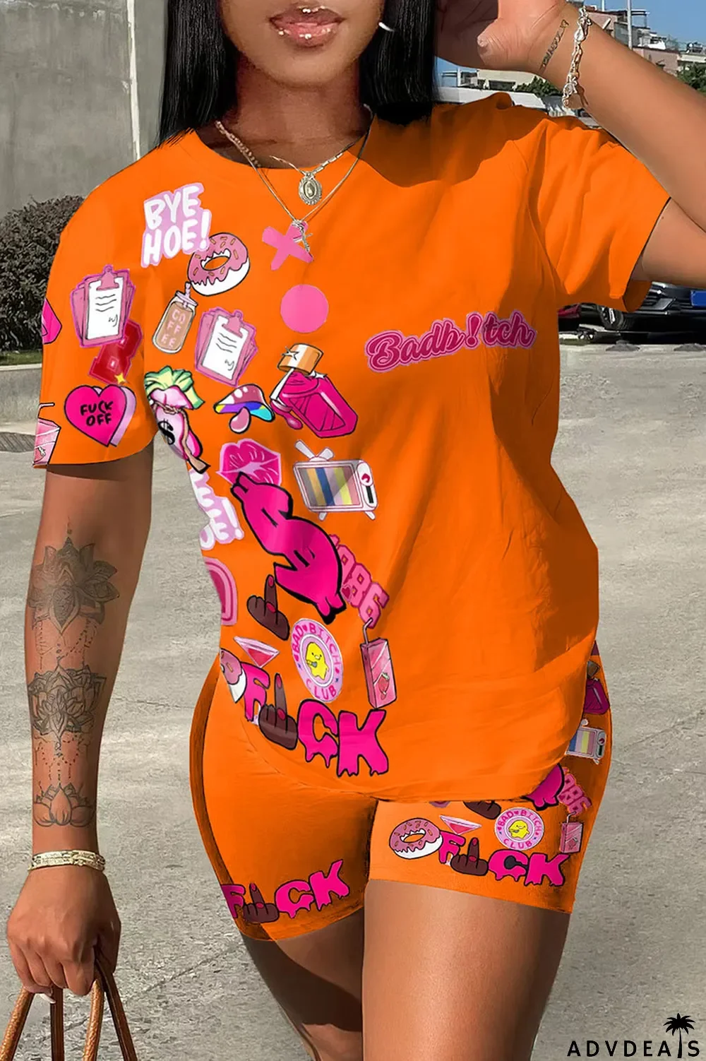 Tangerine Casual Street Print Patchwork O Neck Short Sleeve Two Pieces