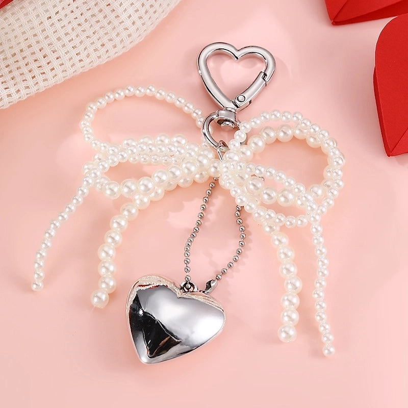 Sweet Cherry Heart Shape Bow Knot Artificial Pearl Alloy Polyester Bag Pendant Keychain