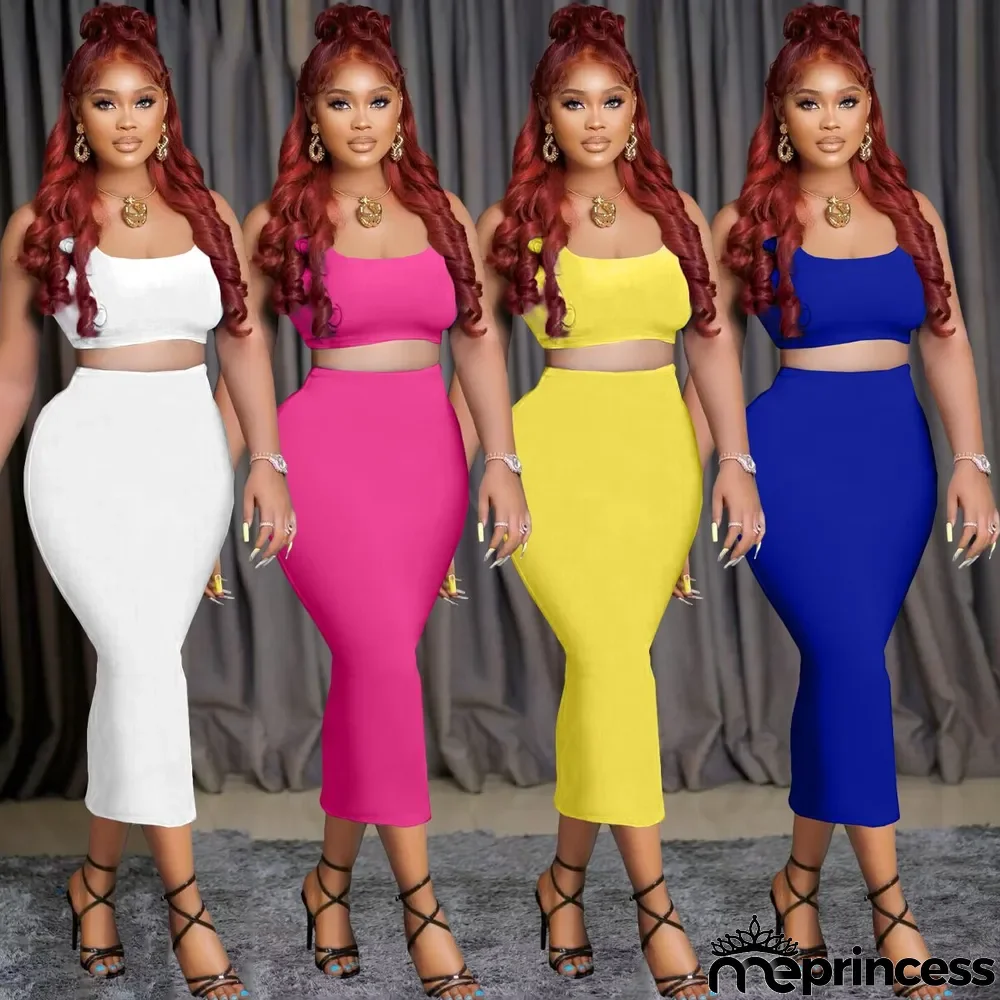 Solid Color Tand Tops And Skirt Two Piece Set