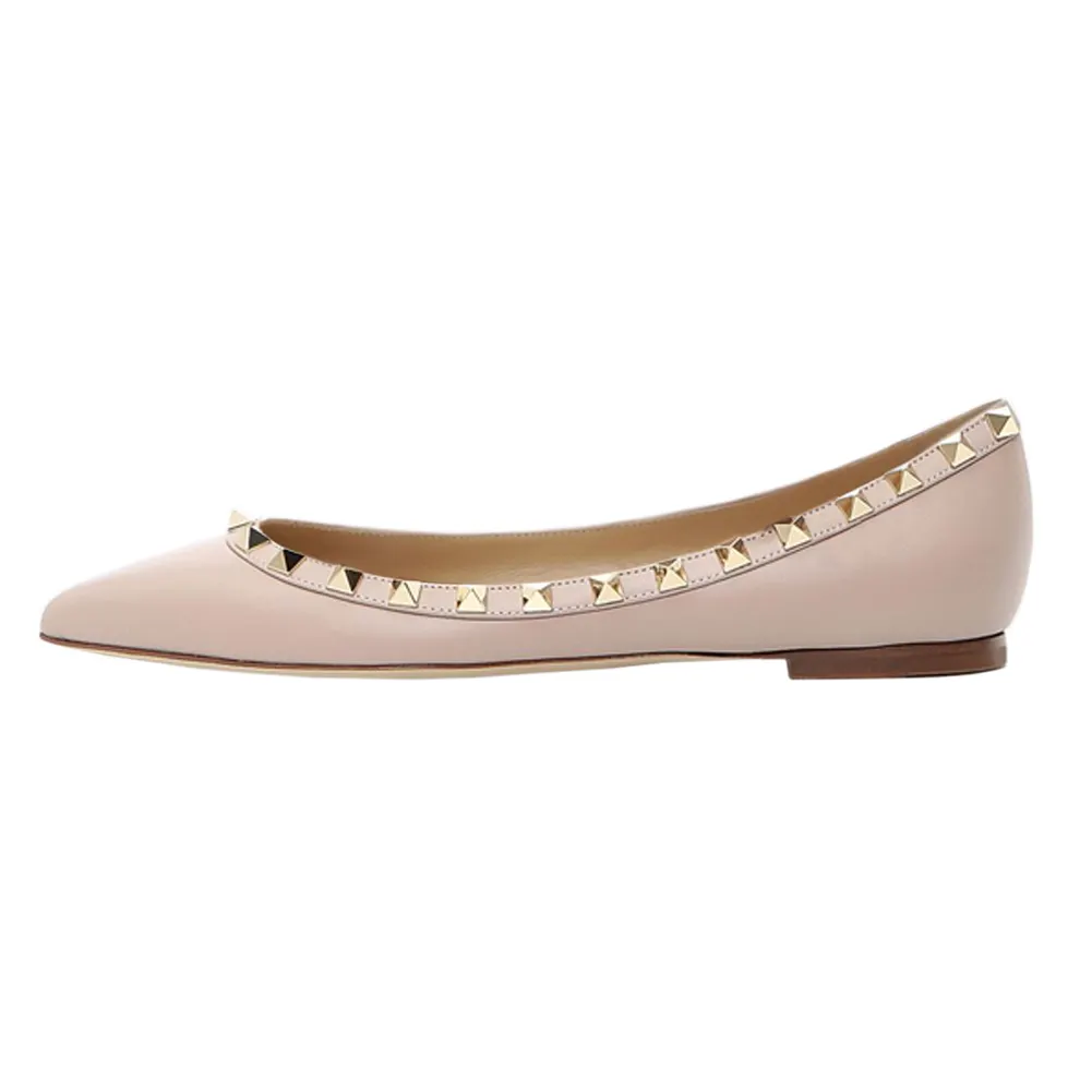 Pointed Toe Flats For Women Fashion Rivets Comfort Ballet Beige Matte Flats Shoes-vocosishoes