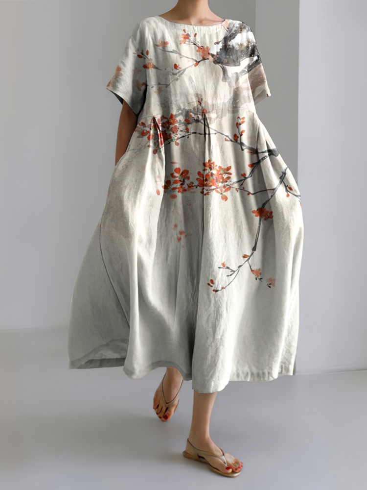 Comstylish Women Japanese Floral Art Printed Casual Midi Dress