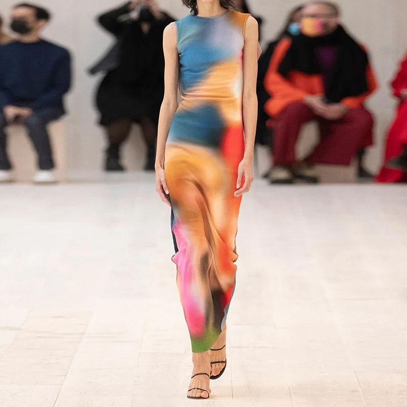 Dyed Digital Printing Split Crewneck Bag Hip Slim Sleeveless Dress Girl | EGEMISS