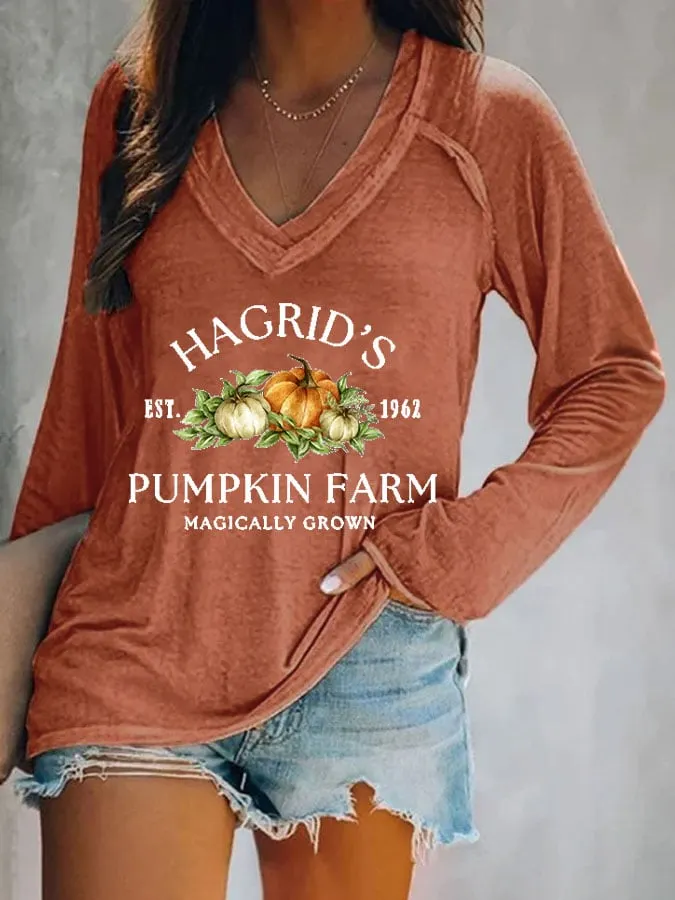 Women's Halloween Pumpkin Print V-Neck T-Shirt 