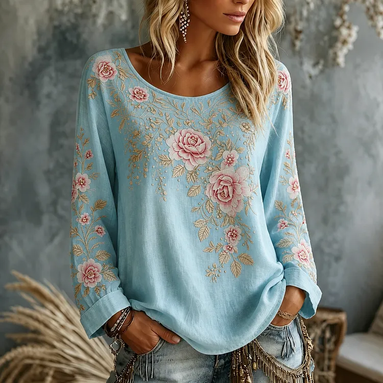 Women's Vintage Rose Floral Art Crew Neck Long Sleeve Linen T-shirt