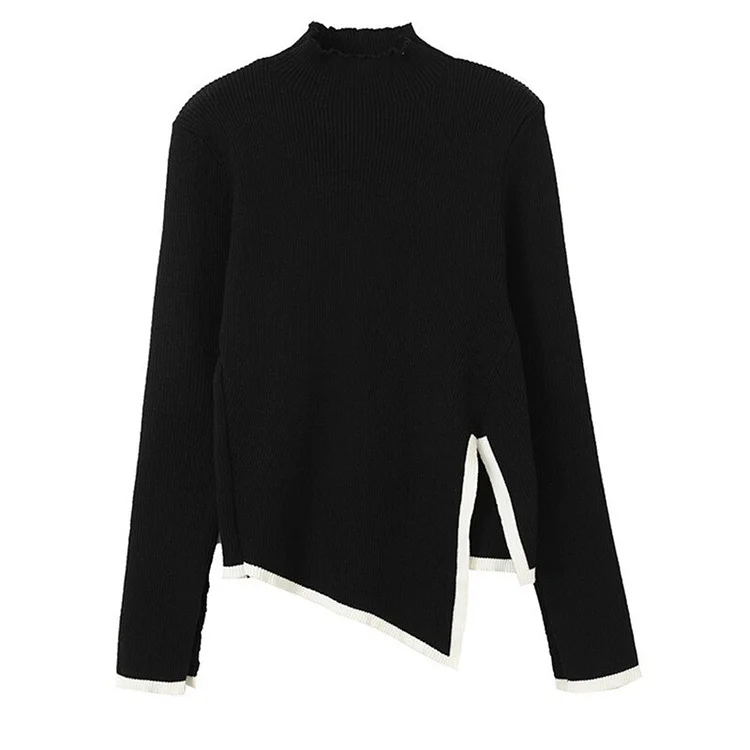 Temperament Turtleneck Color Contrast Long Sleeve Irregular Slit Hem Knitted Sweater