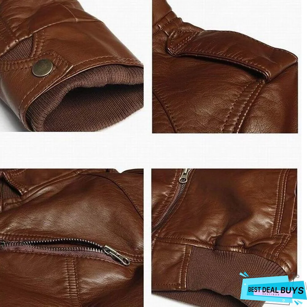 Fashion Men Vintage Motorcycle PU Leather Coats Stand Collar Long Sleeve Outwear Zipper Fitness Cool Jacket