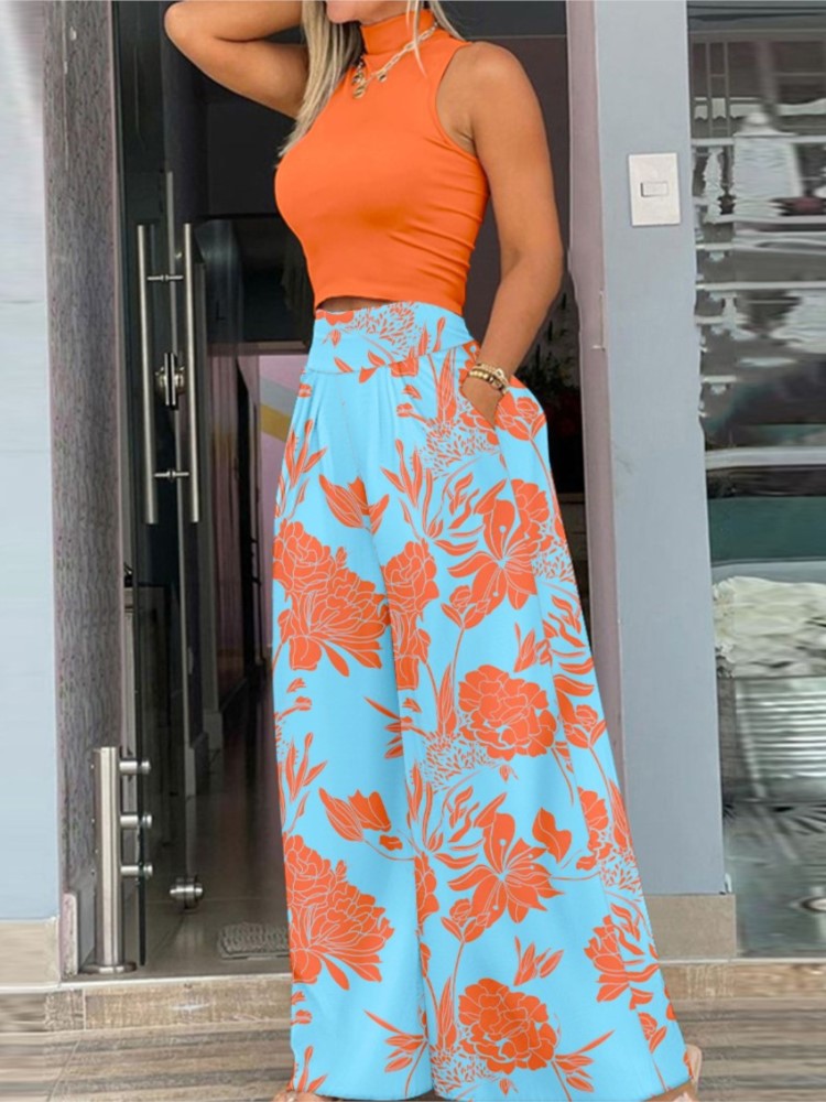 Wimdaily 2025 Elegant Women's Two Pieces Set Summer Mock Neck Sleeveless Solid Crop Top & Plants Print Wide Leg Pants Set Outfits Female