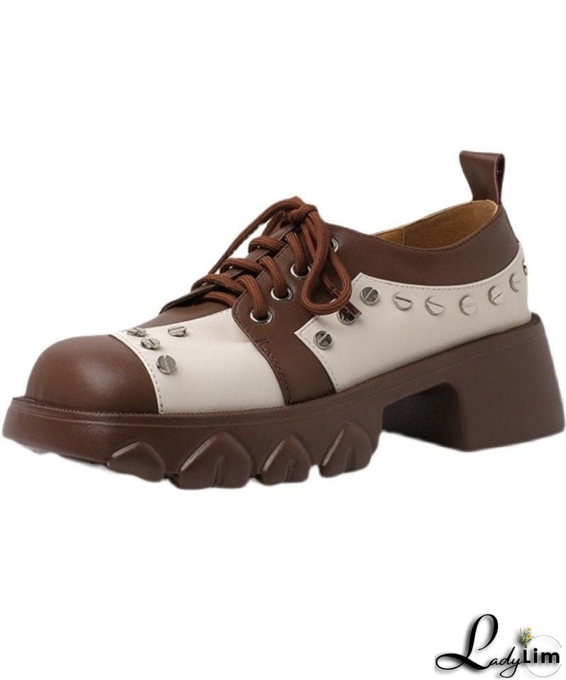 Casual Lace Up Chunky High Heels Brown Cowhide Leather Loafers For Women